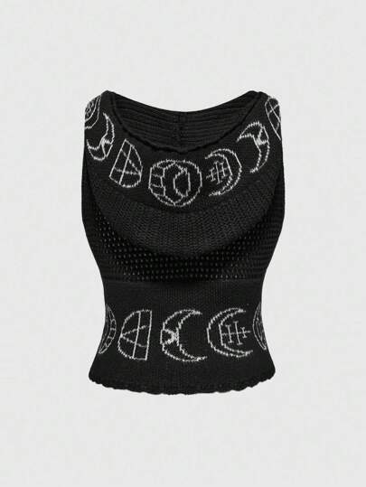 Goth Dark Styled Retro Celestial Moon Star Symbol Print Hoodie Sweater For Women