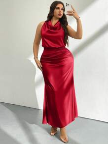 Firerie 2 件套女式缎面高领系带衬衫和褶皱长裙，情人节/音乐会/表演/约会/派对/舞会/婚礼季/性感/优雅/通勤/返校/度假/海滩/浪漫大码套装 - 紅色 - 查看 8