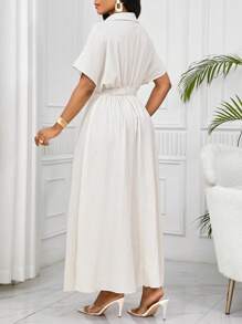 SHEIN Lady Women's Short Sleeve Casual Dress For Vacation Summer Dresses White Maxi Dress Women Elegant White Dress White Pleated Maxi Dress White Collared Maxi Dress Vacation Outfits Women Boho/Bohemia/Boho Women Clothing African Woman Clothing Country Outfits Women Teacher Outfits For Women Business Casual