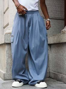 Manfinity Hypemode Pantalones casuales sueltos con bolsillos con solapa para hombres - Celeste - Ver 7