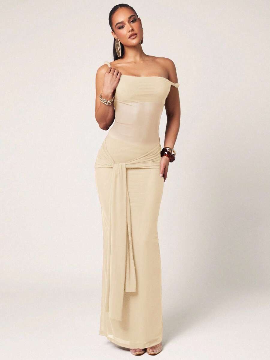 Silquee 女式夏季简约纯色不对称肩部紧身连衣裙，优雅米色连衣裙 - 杏色 - 查看 1