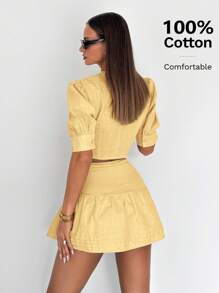 Siren Gaze 女式 100% 纯棉夏季休闲前扣泡泡袖上衣和裙子套装 - 黃色 - 查看 2