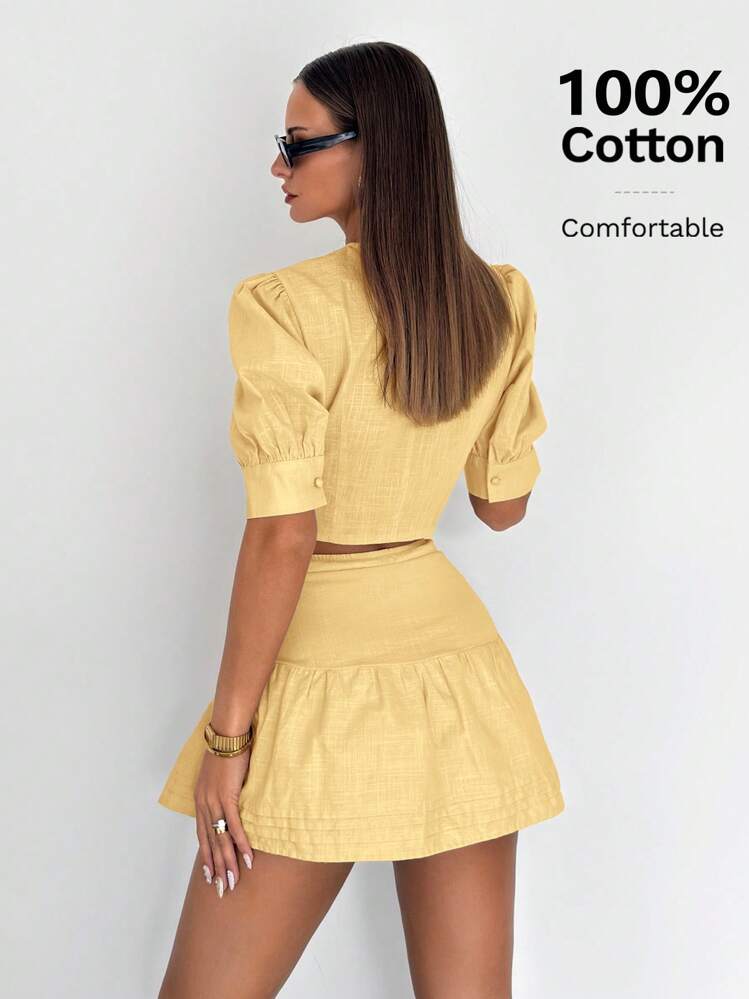 Siren Gaze Damen 100% Baumwolle Sommer Lässig Set aus Bluse mit Knopfleiste und Puffärmeln und Rock - Gelb - Übersicht 2