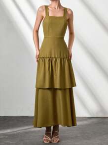 CLARA VERO Vestido largo de lino elegante con volantes en color amarillo para mujer