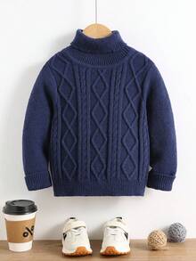 SHEIN 1 件年轻男孩休闲宽松高领粗针织毛衣，适合返校穿着，适合生日派对、晚会、婚礼、洗礼、学校典礼、日常穿着、旅行、运动、秋冬男童高领毛衣高领毛衣男童针织毛衣冬季毛衣高领毛衣 - 藍色 - 查看 3
