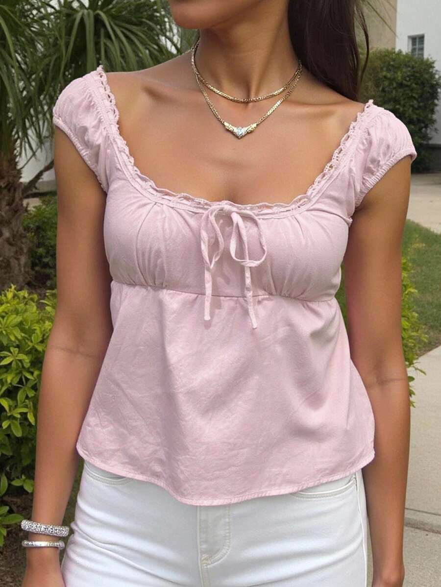 INAWLY Tie Front Ruched Bust Blouse Peplum Summer Top - Pink - View 1