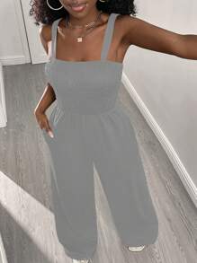 INAWLY 大码女式纯色宽松口袋阔腿休闲连体裤 - 淺灰色 - 查看 3