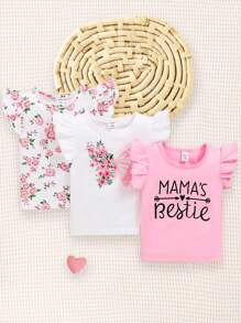 SHEIN Baby Girl 3pcs/Set Flower Tagline & Letter Print Cute Ruffle Armhole Tank Tops For Summer - Dusty Pink - View 1