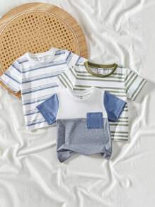 SHEIN Vintaside Kids 嬰兒男童顏色拼接休閒圓領短袖上衣，夏季