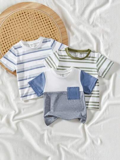 SHEIN Vintaside Kids 嬰兒男童顏色拼接休閒圓領短袖上衣，夏季