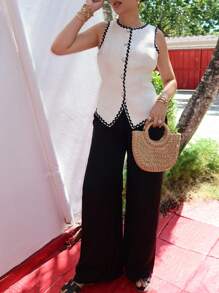 Melissa Matos Textured Linen Feel Tie Waist Trouser Vacation Summer Spring Elegant Beachwear Boho Casual Boho Airport