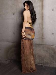 Steff Loaiza Concert Outfit Women Western Wear Boho Knitted Mesh Printed Side Slit Skirt For Women