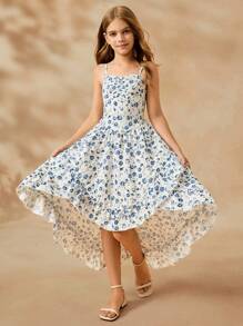 青少年女孩无袖多层荷叶边下摆碎花数码印花优雅派对连衣裙 - 藍色 - 查看 3