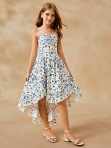 青少年女孩无袖多层荷叶边下摆碎花数码印花优雅派对连衣裙 - 藍色 - 查看 5