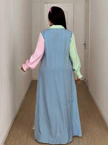 Maweii 2025 女式大码条纹撞色宽松袖通勤休闲连衣裙，时尚立领开叉设计，春夏 - 彩色 - 查看 2