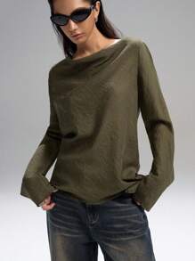 LYSMO 休闲纯色船领长袖前系带 T 恤