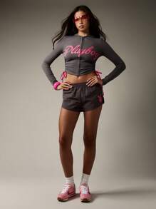 Missguided x Playboy Cropped Full Zip Hooded Active Jacket With Side Ruched Detail And Drawstring Sides Modern Loungewear Athleisure Style - Dark Grey - View 4