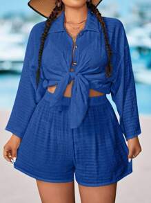 Swim Lushoire Bata de playa de manga larga y unicolor para mujer talla grande