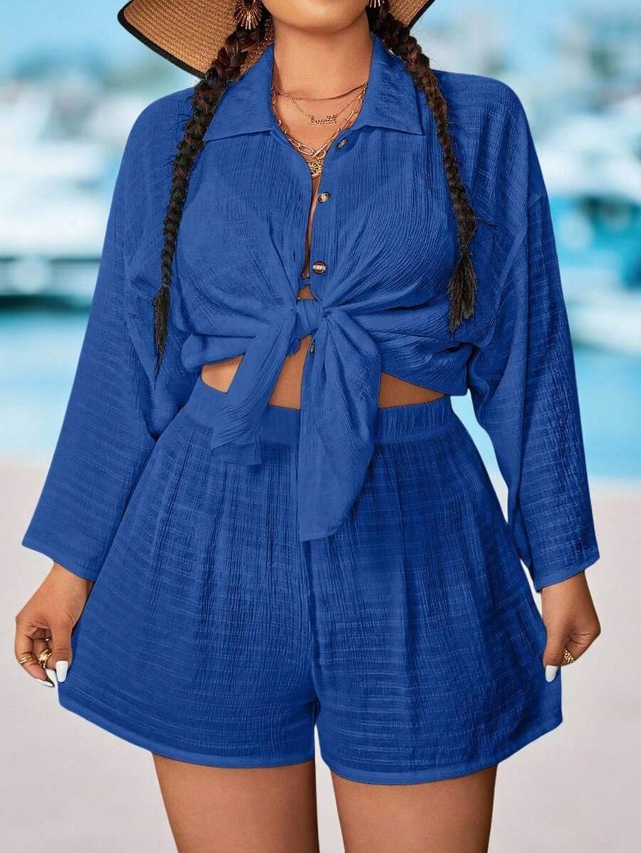 Swim Lushoire Bata de playa de manga larga y unicolor para mujer talla grande