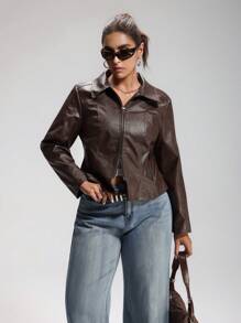LYSMO Plus Size Casual Retro Brown Double Zipper PU Leather Jacket Brown Leather Jacket Women Winter Fall Autumn - Brown - View 3