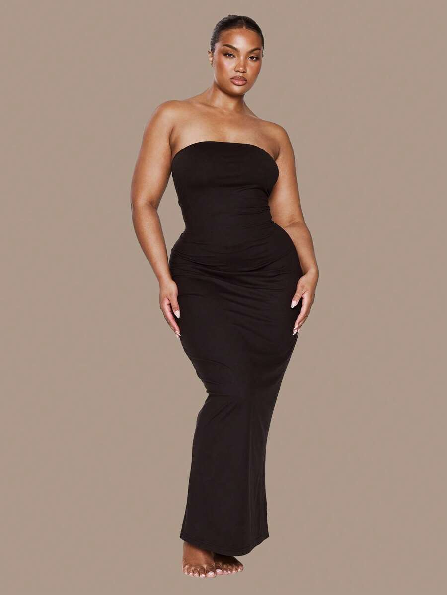 MUSERA Plus Size Fitted Strapless Maxi Dress Everyday Casual Spring Summer Vacation Holiday Essentials - Black - View 1