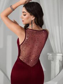 Coutiva Vestido largo con escote en V profundo, parches de malla, espalda descubierta, con brillos y abertura para estilo sirena