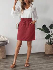 EMERY ROSE Women's Summer Casual Slant Pocket Drawstring Waist Denim Mini Skirt,Bohemian,Women's Vintage Clothing,Red Skirt, Red Denim Skirt - Red - View 6