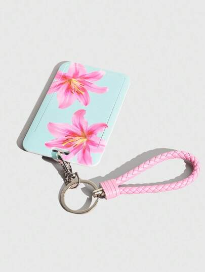 Fairycore 1pc Cute Sliding Card Holder Case, Lily Flower Pattern, Back To School Accessory