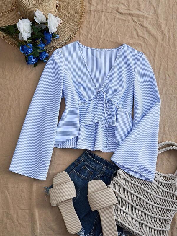 Soleia Women Casual Vacation Knot Tied Front Long Sleeve Shirt, Suitable For All Occasions, Suitable For Summer Baby Blue Tops Light Blue Top Striped Tie Front Top Women Summer Tops Blue Striped Blouse Autumn And Winter Chic Blouses For Women