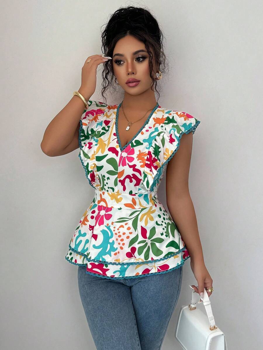 Elenzga Women's Fashionable Casual Ruffle V-Neck Fitted Floral Blouse - Multicolor - View 1
