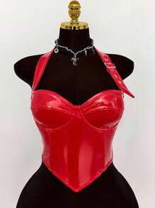 Amplova 夏季街头风格金属腰带装饰胸罩杯PU大码女式背心 - 紅色 - 查看 4