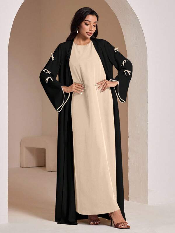 Veilorie Women's Long Sleeve Robe With Bow Decor And Dress Arabic Style Outfit Set