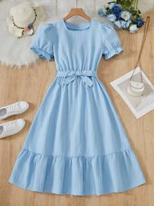 青少年优雅度假海边船领泡泡袖束腰连衣裙