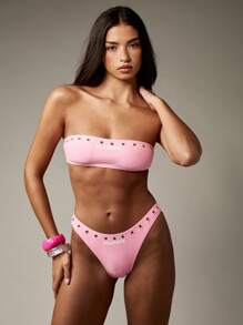 Missguided x Playboy Studded Bandeau High Cut Bikini Set With Silver Grommets Swimming Summer Beach Poolside Resort Wear