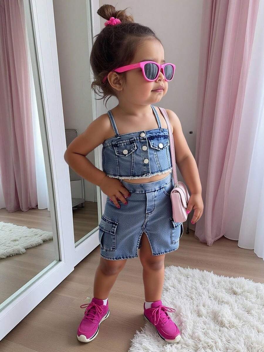 SHEIN Baby Girl(Infant) Fashionable Street Cool Blue Denim Overall Top Paired With Matching Blue Skirt Outfit, Summer - Blue - View 1