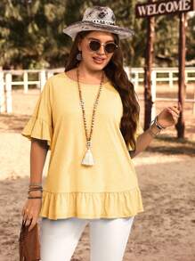 EMERY ROSE Plus Size Solid Color Short Sleeve T-Shirt, Casual & Fashionable For Everyday Wear,Summer Clothes,Vacation Outfits Woman / Vacation - Pale Yellow - View 3
