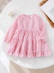 SHEIN Babygirl Vacation Cute Pink And White Striped Long Sleeve Ruffle Trim Dress - Pink - View 3