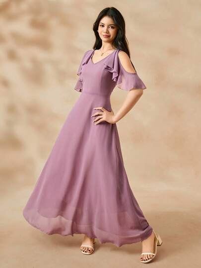 SHEIN Elegant Purple Chiffon Flower Girl/Wedding Party Dress, Flared Silhouette, Suitable For Teen & Preteen, All Seasons