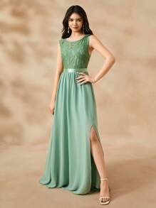 SHEIN Vestido largo de línea A con abertura alta, de gasa con aplicaciones de encaje, elegante para dama de honor, temporada de bodas, apropiado para adolescentes, baile de graduación, fiesta de cumpleaños, presentación - Verde - Ver 6
