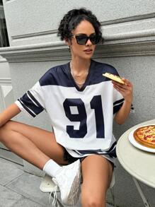 INAWLY Women's Summer V-Neck Short Sleeve Casual T-Shirt With Digit Stripe Print Graphic Tees Women Tops