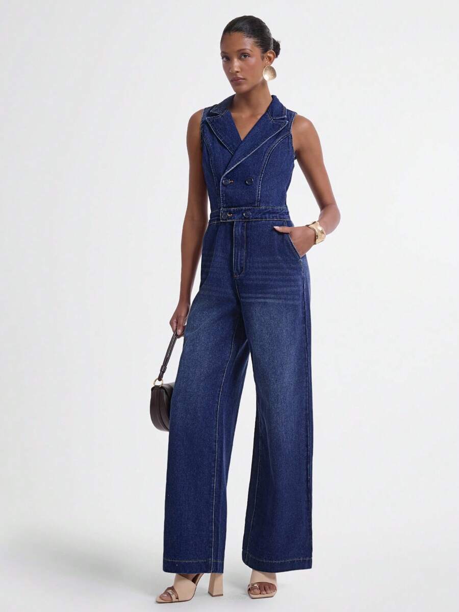 Daynim 女士无袖休闲牛仔阔腿连体裤