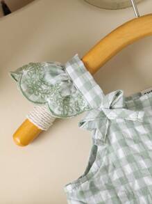 Baby Girls Casual Embroidered Green & White Plaid Flutter Sleeve Bowknot Waist Ruffle Hem A-Line Dress, Simple & Fresh For Summer - Multicolor - View 5