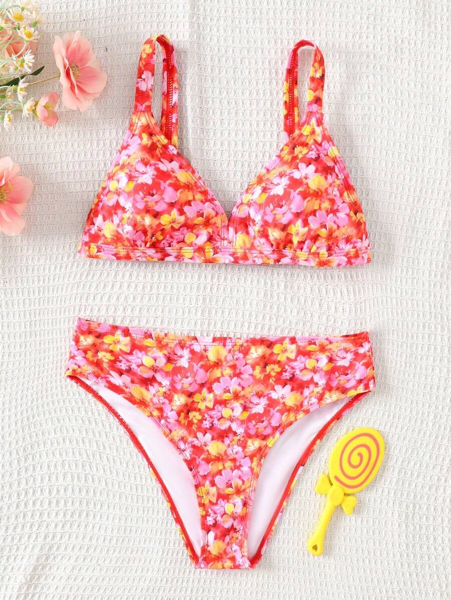 SHEIN Tween Girls Ditsy Floral Spaghetti Strap Bikini Swimwear Set For Beach Holiday - Hot Pink - View 1