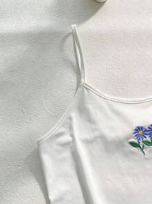 2pcs/Set Teenager Girls' Casual Strap Embroidered Plaid Print Camisole Top And Pants Home Wear, Blue & White - Blue and White - View 6