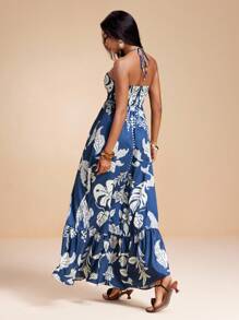 MIRENZI 热带波西米亚风印花褶饰挂脖系带后背褶饰长裙女式夏季度假