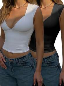 INAWLY 女士纯色甜心领口盖袖修身短款性感T恤 - 彩色 - 查看 3