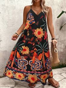 SHEIN Holidaya Plus Size Women Floral Print Loose Long Strap Casual/Work/Vacation Dress, For Summer - Black - View 5