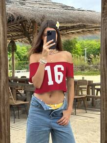 Jouncy Women's Off-Shoulder Summer Fashion Cropped Printed T-Shirt - Red - View 4