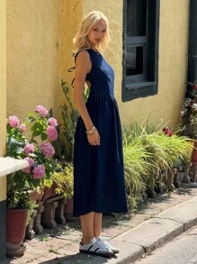 SHEIN EZwear 女式露背纯色圆领无袖中长连衣裙 - 藍色 - 查看 3