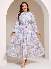 Veilorie Plus Size Women's Mandarin Collar Lantern Sleeve Floral Print Casual Loose Arabic Style Dress, Summer - Mauve Purple - View 3